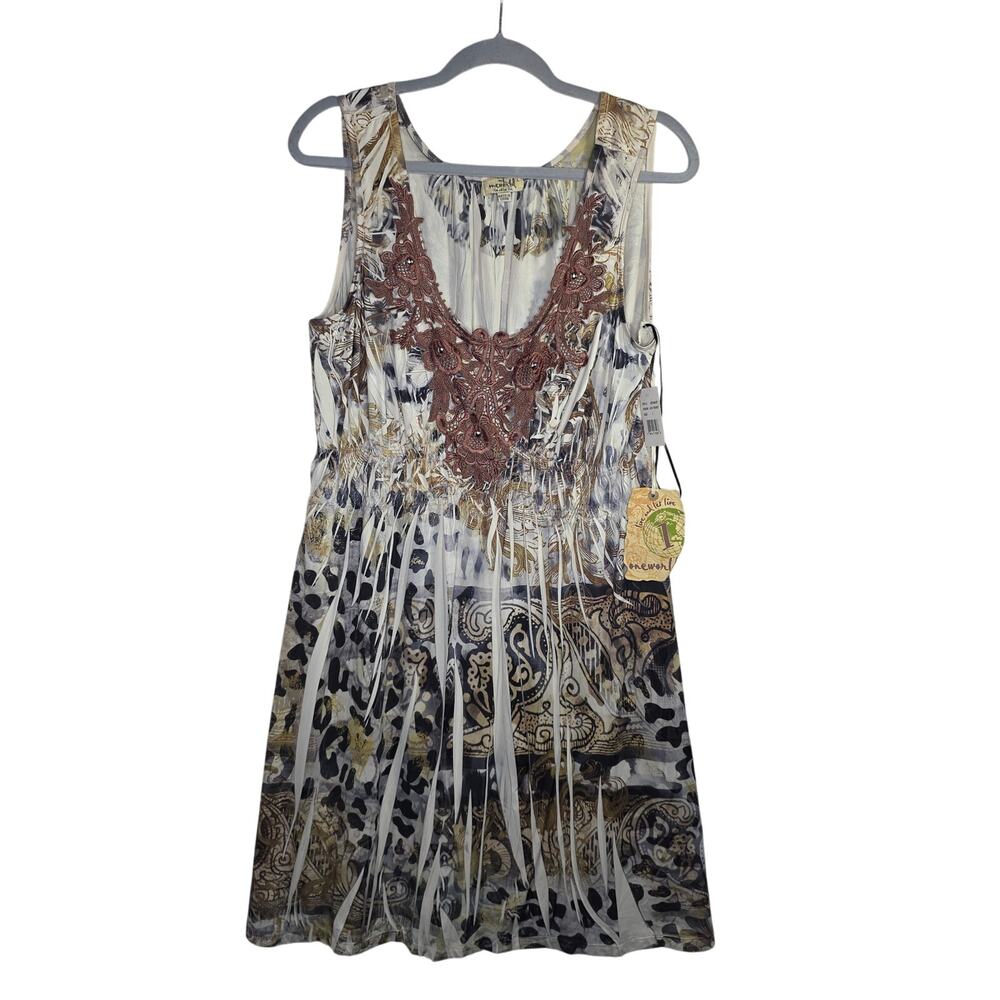 One World NWT SzL Distressed Tiedyed Flowy Lace Studs sleeveless Dress. Hippie